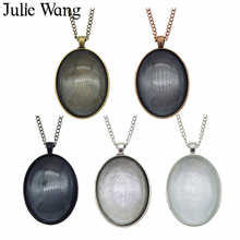 Colar vintage e oval para fotos da julie wang, 5 conjuntos com pingentes de bandeja em branco, corrente de vidro e cabochão para fabricação de joias 2024 - compre barato