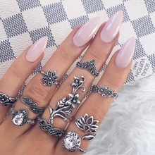 10Pcs/Set Bohemia Ancient Silver Color Crystal Ring Set Flower Knuckle Ring Set Midi Finger Rings for Women Bague Femme 2020 2024 - buy cheap