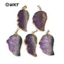 WT-P858 Fashion Design Natural Purpel Crystal Pendant In Feather Shape Healing Crystal With Gold Bezel Pendant For Necklace 2024 - buy cheap