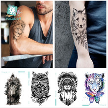 Tatuagem adesiva temporária masculina, 6 peças, à prova d'água, relógio de peito, lobo, floresta, tigres, corujinhas, tatuagens falsas para homens, 21*15cm 2024 - compre barato