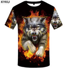 KYKU Wolf/мужская футболка с изображением пламени, рубашки с агрессивным гневом, 3d футболка в стиле хип-хоп, мужская одежда с изображением животных, 2018, Летние повседневные топы 2024 - купить недорого