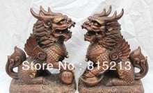 bi00240 11" China Chinese Feng Shui Bronze Lucky Kylin Dragon Foo Fu Dog Statue Pair 2024 - buy cheap