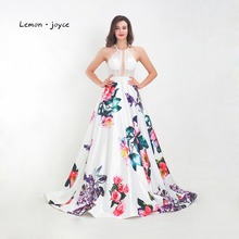 Lemon joyce White Evening Dresses Long 2020 Floral Print Sexy Backless Lace Illusion A-line Prom Party Gowns Plus Size 2024 - buy cheap