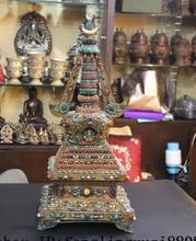 Тибетский старый медный позолоченный серебряный инкрустационный коралловый, бирюзовый драгоценный камень Будда башня пагода Stupa 2024 - купить недорого