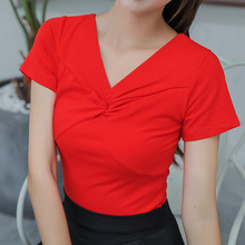 Camiseta feminina pescoço em v, moda coreana, 2021 algodão, branca e preta, manga curta 2024 - compre barato