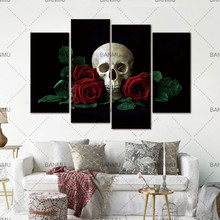 Quadros decorativos de parede para sala de estar, pintura de tela, crânio e rosa vermelha, mural modular, sem moldura 2024 - compre barato