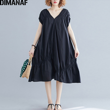 DIMANAF-vestido plisado de talla grande para mujer, prenda holgada con volantes y cuello en V, elegante, color negro, para verano, 2021, 5XL, 6XL 2024 - compra barato