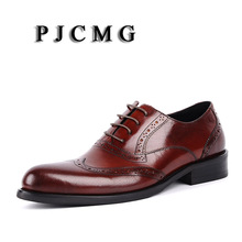 PJCMG Fashion Men Oxford Male Black/Red Lace-Up Solid Pointed Toe Dress Genuine Leather Carved Wedding Business Oxfords Shoes 2024 - buy cheap