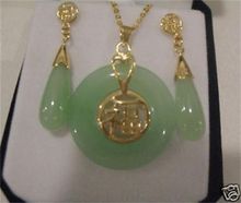 New style Natural noble jewelry>>>>Beautiful Jewelry 18KGP gold Nature Green jade Earrings necklace Pendant Set 2024 - buy cheap