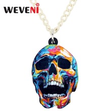 WEVENI Acrylic Halloween Colorful Skull Necklace Pendant Chain Trendy Punk Jewelry For Women Girls Bijoux Female Gift Accessory 2024 - buy cheap