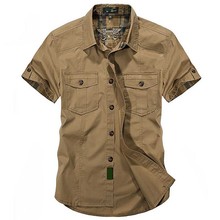 Мужская армейская рубашка с коротким рукавом, Повседневная хлопковая Однотонная рубашка с 2 карманами спереди, лето 2024 - купить недорого