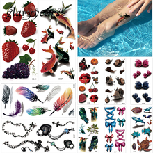 Временная 3D тату-наклейка, 10 листов, цветные перышки, животный фруктовый стиль, женский боди-арт с длинным рукавом, тату, поддельные наклейки для отдыха 2024 - купить недорого
