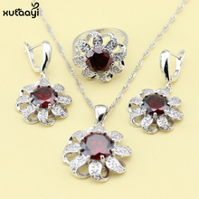XUTAAYI 3PCS Top Flowers Silver Color Jewelry Sets For women Red synthetic Garnet  Perfect Wedding Necklace/Rings/Earrings Sets 2024 - buy cheap