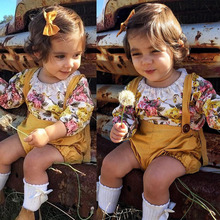 Venda imperdível bebês meninas floral conjunto de roupas com suspensórios, macacão de manga comprida + macacão curto roupas para crianças pequenas 2024 - compre barato