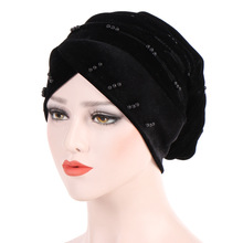 Muslim Women Stretch Cross Bead Velvet Ruffle Turban Hat Cancer Chemo Beanies Headwear Wrap Plated Hair Loss Accessories 2024 - buy cheap