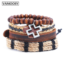 Male bracelet Natural Wood Beads Cross Bracelets Onyx Meditation Prayer rope Bead Leather bracelet for Women Wooden Yoga Jewelry 2024 - buy cheap