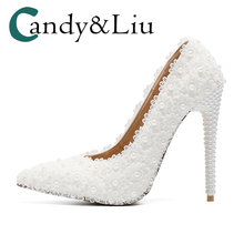 White Lace Wedding Shoes Super High Heels Pearl Beaded Thin Heel Pointed Toe Slip-on Women Pumps for Party Banquet Concert 2024 - buy cheap