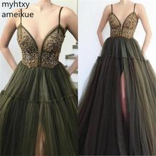 New Hand Made Sexy Olive Green Gauze Dress Evening Dresses Crystal V-neck Spaghetti Straps A-line Soft Tulle Prom Robe De Soiree 2024 - buy cheap