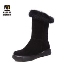 Winter Women Mid-calf Boots Flock Nubuck Faux Fur Solid Fashion Keep Warm Plush Insole Round Toe Slip-on Low Heels Platform 2024 - buy cheap