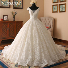 VENSANAC Sequined V Neck Lace Appliques Ball Gown Wedding Dresses 2018 Short Cap Sleeve Court Train Backless Bridal Gowns 2024 - buy cheap