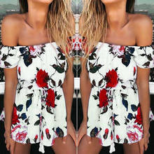 Sexy off shoulder dress summer floral print Inclined Ban Neck Dress Bow Belt Beach Lovely Girl Mini Dress jurk 2024 - buy cheap