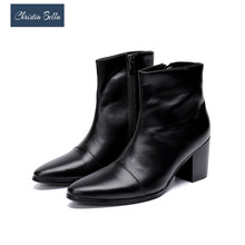 Botas de vestir de tacón alto para hombre, botines italianos de cuero genuino, de punta estrecha, color negro 2024 - compra barato