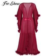 Sexy Womens Lingerie Long Bathrobe Nightgowns Mesh See Through Sheer Bridesmaid Robes Flare Sleeves Feather Maxi Sleepwear Dress 2024 - buy cheap