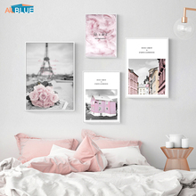 Póster nórdico rosa paisaje de ciudad Torre Eiffel chica sobre lienzo para decoración de pared, imagen de pared para sala de estar, decoración del hogar 2024 - compra barato