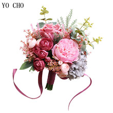 Yo cho moda noiva mão flores bonito peônia bouquets casamento artificial rosa flores de seda diy bouquet branco peônia rosa vermelha 2024 - compre barato