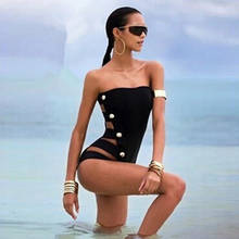 2017 Sexy Off the Shoulder One Piece Swimsuit Bandage Swimwear Women Multi-Button Monokini Bodysuit Bathing Suit Swim Wear Black 2024 - buy cheap