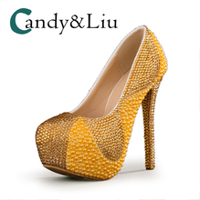 Yellow Pearl Wedding Shoes High Heel Round Toe Platform Gold Pearl Women Pumps Slip-on for Party Bridesmaid Banquet Handmade 2024 - buy cheap