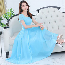 Summer Women Long Beach Dress 2019 Chiffon Solid Women Casual Vintage O-neck Big Swing Short Sleeve Sundress Maxi Beach Dresses 2024 - buy cheap