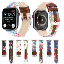 Flowers Denim PU Leather Band for Apple Watch Band Classical Metal Buckle Strap for iWatch Series 4 3 2 1 44mm 40mm 42mm 38mm 2024 - buy cheap