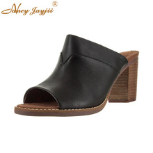 Nancyjayjii Black Solid Peep Toe Cork Chunky Heel Women Mules Vintage Outside Leather Slip on Female Slippers 2022 Summer 2024 - buy cheap