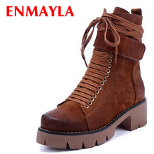 ENMAYLA Black Motorcycle Boots Shoes Woman Square Heels Round Toe Lace-up Spring and Autumn High Quality Ankle Boots for Women 2024 - buy cheap