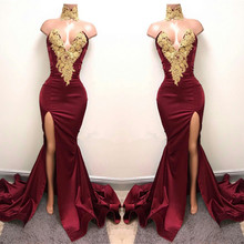 Long Prom Dresses 2020 Sexy High Slit Gold Beaded Lace V-neck African Black Girl Burgundy Mermaid Prom Dress With Train 2024 - buy cheap