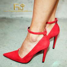 Women's Red Stiletto Heels Dress Shoes Pointy Toe Suede Ankle Strap Pumps Anniversary Attractive Incomparable Generous FSJ Sexy 2024 - buy cheap