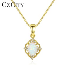 CZCITY Real 925 Silver Vintage Hollow Pattern Opal Pandent Necklace for Women Elegant Female Wedding Gemstone Necklace Jewellery 2024 - buy cheap