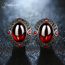 JIASHUNTAI-Conjunto de plata de ley 100% 925 para mujer, pendientes de tuerca con gemas Rojas, joyería de moda 2024 - compra barato