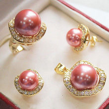 FREE shipping> >>>New Pink shell Pearl Jewelry Necklace Earring Ring Wholesale Set + Free chain 2024 - buy cheap