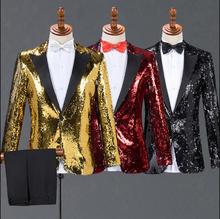 Terno masculino com gola ponteira de lantejoulas, fantasia de bar, boate, dj, palco, cantor, traje de casamento, vestido formal 2024 - compre barato