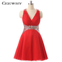 CEEWHY Red Beading Short Cocktail Dress Crystal Sexy V-Neck Backless Chiffon Graduation Homecoming Dress Plus Size Formal Dress 2024 - buy cheap