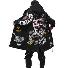 Мужская длинная стеганая куртка в стиле хип-хоп, хлопковая стеганая куртка с капюшоном и принтом граффити, зима 2019 2024 - купить недорого