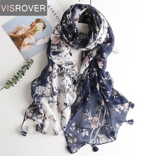 VISROVER-bufanda de viscosa para mujer, pañuelo tropical con estampado de flores, top de playa con borlas, de verano, a la moda 2024 - compra barato