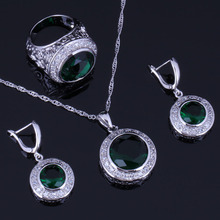 Excelente ronda verde Zirconia cúbica blanca CZ 925 juegos de joyas de plata de ley para mujeres pendientes colgante cadena anillo V0988 2024 - compra barato
