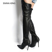 2020 New Leather winter Over The Knee Boots Pointed Toe High Heel Black Winter Gothic Shoes Woman runway Thigh High Boots 2024 - buy cheap