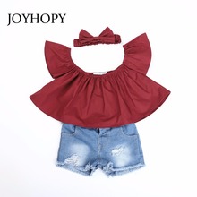 JOYHOPY Children Girls Clothing Sets 2018  Spring&Summer 3PCS Red Shirts+Headwear+Denim Shorts Girls Suit Kids Clothes Set 2024 - buy cheap