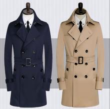 Весна-Осень 2020, новый дизайнерский мужской Тренч, Мужское пальто с поясом, Мужская одежда, приталенное пальто с длинным рукавом синего цвета и цвета хаки размера плюс 2024 - купить недорого