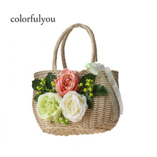 Bolsa de palha à moda para as mulheres 2021 design da marca artesanal floral pequeno saco de praia meninas laço arco rattan tote com cordão 2024 - compre barato