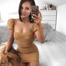 New women's mesh dress sexy perspective pleated lantern sleeve dress club party backless chest slim dress 2024 - buy cheap